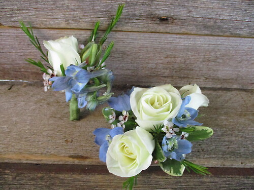 White and Blue Corsage and Boutonniere